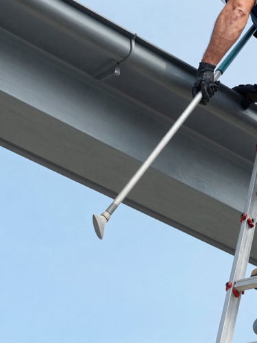 A close-up of professional gutter cleaning tools and a technician wearing safety gear on a ladder, bright natural daylight, sharp focus