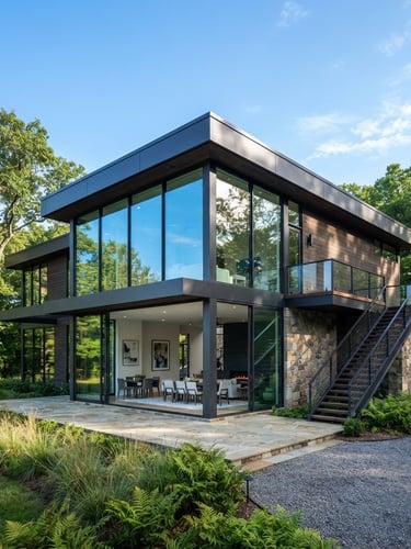 Crisp architectural photography of a modern Middle Tennessee home with expansive, sparkling clean glass windows reflecting a bright blue morning sky, 35mm lens.