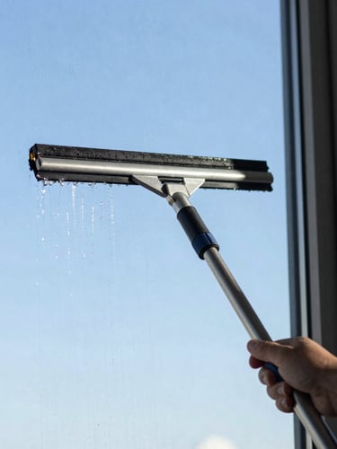Close-up of a professional window cleaning squeegee wiping clean water off a pristine window pane, bright natural daylight, sharp focus.
