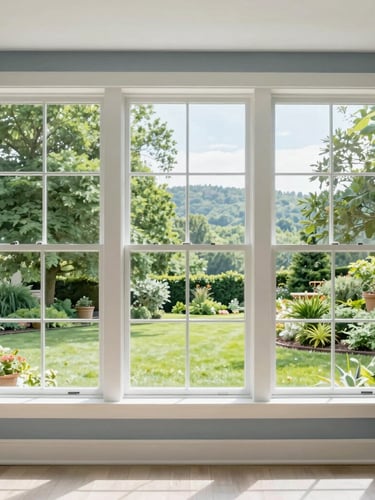 Interior view of a clean, bright living room with large, spotless windows showing a clear view of a lush green Middle Tennessee garden, soft morning light.
