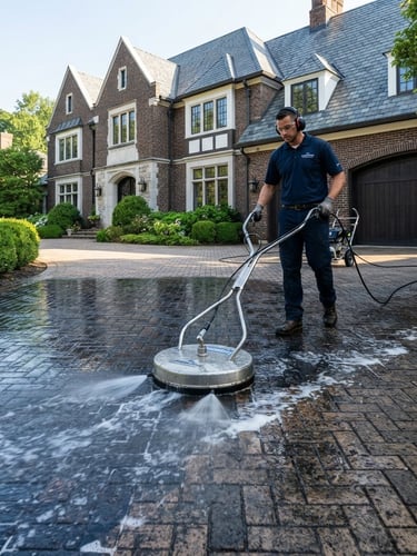 Crisp architectural photograph of a luxury brick estate driveway being professionally cleaned with specialized pressure washing equipment, bright morning light, clean water spray, sharp focus