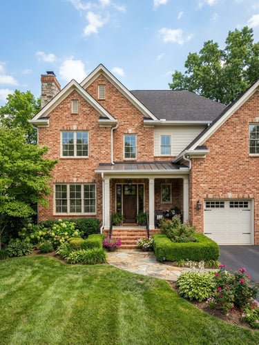 A beautiful Middle Tennessee brick home with clean white gutters under bright daylight, pristine landscaping, professional focus, 35mm lens