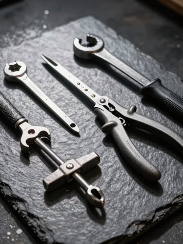 High-contrast close-up of heavy duty clean tools laid out neatly on a dark slate floor, sharp directional work light casting crisp shadows, professional industrial aesthetic.