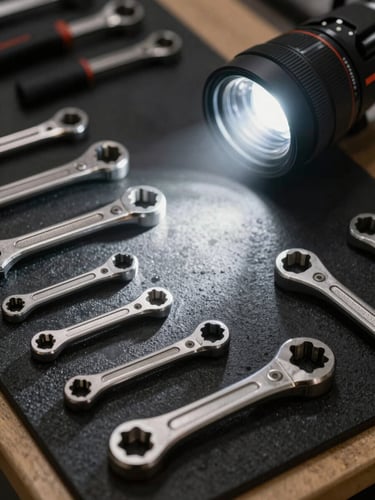 High-contrast close-up of clean industrial tools laid out neatly on a dark rubber work mat under a sharp directional flashlight beam.