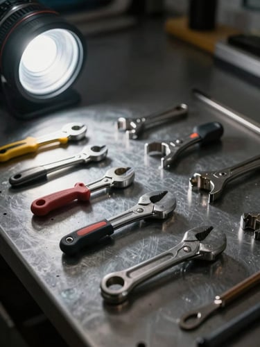 High-contrast close-up of clean, professional tools laid out neatly on a dark metal workspace, illuminated by a sharp directional work light.