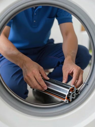 Close-up of a professional technician's hands in a clean blue polo shirt carefully installing a new genuine drum belt inside a modern washing machine, bright natural domestic light, sharp focus on tools