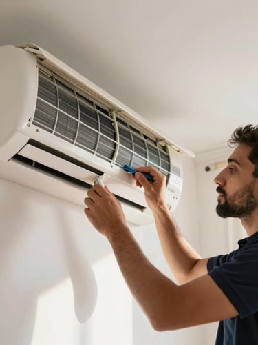 Close-up of a professional technician in a clean navy polo shirt precisely cleaning the aluminum filters of a modern wall-mounted air conditioner in a bright, sunlit Cairo living room, natural light.