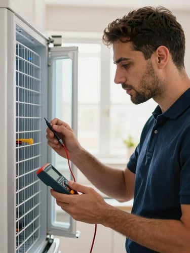 Medium close-up of a professional technician in a clean navy blue polo shirt, carefully examining the cooling coils of a modern refrigerator in a bright Egyptian kitchen, holding a digital multimeter, natural window light.