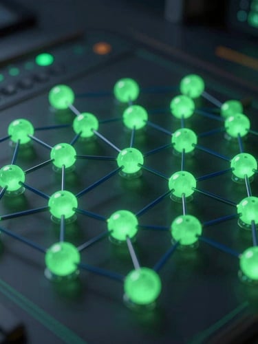 Extreme close-up of a high-fidelity 3D network architecture visualization, glowing green nodes and dark blue data lines, clean technical interface, low-key dramatic lighting.