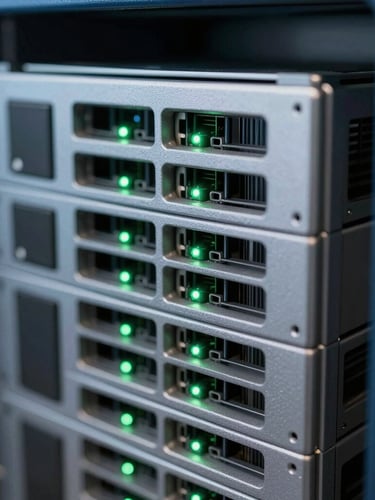 Macro close-up of high-end server rack infrastructure, cool blue and neutral gray tones with precise self-illuminating green LED lights, shallow depth of field