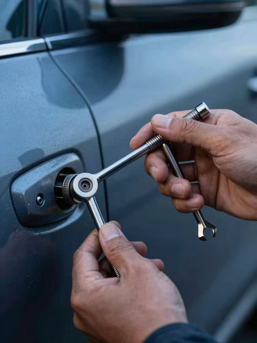 Close-up documentary shot of a locksmith's hands holding a tension wrench and pick against a car door lock cylinder, pre-dawn blue ambient light, tools sharp in the foreground, vehicle door frame blurred behind