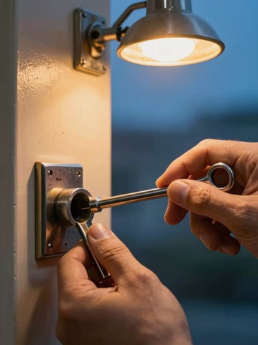 Close-up of a locksmith's hands inserting a tension wrench and pick into a door lock cylinder, shot from the right side, amber streetlight casting warm shadows across the metal, pre-dawn blue in the background, lock mechanism sharp in the foreground