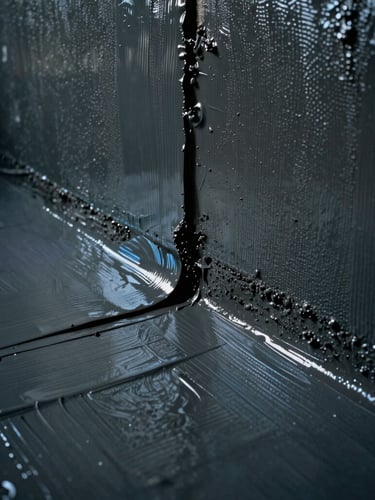 Close-up of a thick, flawlessly applied dark grey liquid waterproofing membrane being applied to a structural concrete joint, electric blue highlights reflecting off the wet surface, macro material texture, 35mm film.
