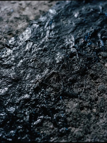 Macro detail shot of a thick, flawlessly applied dark liquid waterproofing membrane, sharp material textures, electric blue highlights, low-key dramatic lighting, 35mm film.