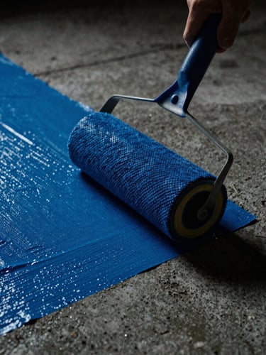 Macro detail shot of a thick blue liquid waterproofing membrane being applied with a roller on structural concrete, sharp material textures, dramatic low-key lighting.