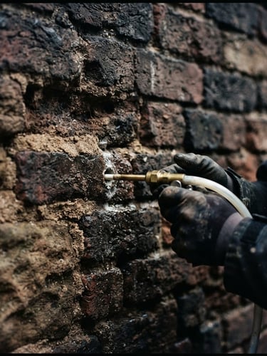 Macro detail shot of a professional injecting chemical damp-proof course into a heritage brick wall mortar joint, low-key dramatic architectural lighting, sharp textures of sandstone and brick, 35mm film