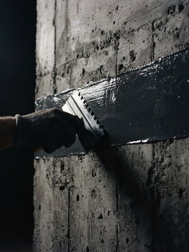 Macro detail shot of a thick, flawless liquid polyurethane membrane being applied to structural concrete, dramatic low-key architectural lighting, deep charcoal tones, 35mm film.