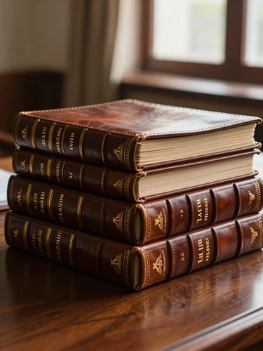 Side-lit close-up of leather-bound Indian Law Reports stacked neatly on a dark wooden desk in a professional Thrissur law chamber, natural light pouring from a window