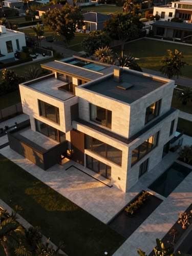 Ultra-wide cinematic drone shot of a modern luxury villa at golden hour, architectural symmetry, deep shadows, gold reflections