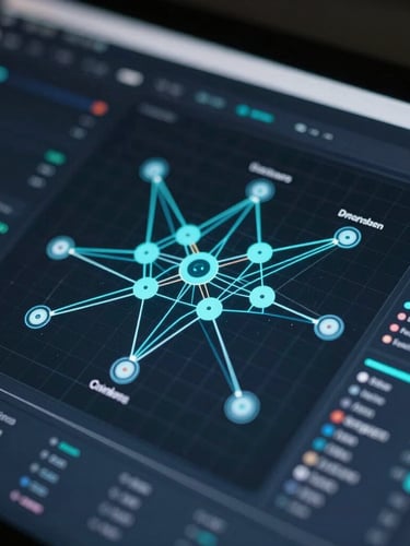 Macro close-up of a high-fidelity dark-mode enterprise AI dashboard showing neural network routing and system latency metrics, cool cyan highlights, sharp technical grid lines