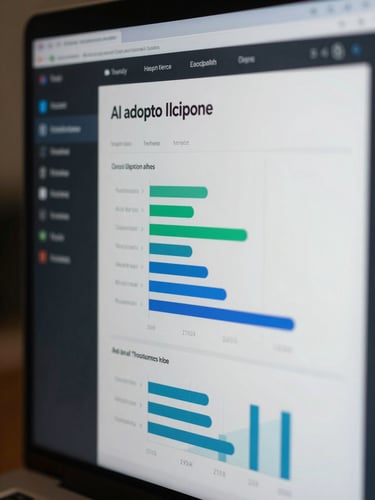 Macro close-up of a clean enterprise dashboard showing AI adoption metrics, cool-toned lighting, sharp highlights.