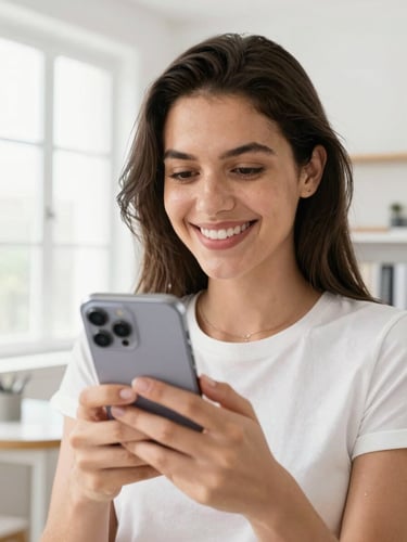 Close-up portrait of a friendly Brazilian woman smiling, holding a modern smartphone, bright natural window light, clean minimalist home office background
