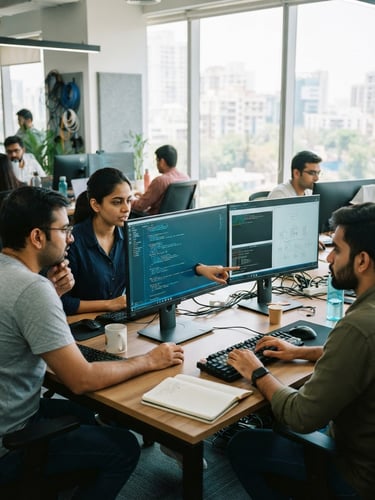 A clean tech workspace in Mumbai, bright natural light, professional developers collaborating over code on screens, cool blue and teal tones, 35mm