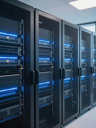 Modern server room in Mumbai with cool blue LED racks, crisp clean technical environment, sharp focus, 35mm