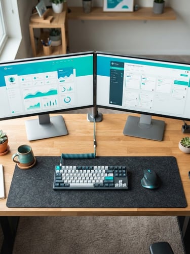 Overhead desk setup with clean website mockups on dual screens, vibrant teal accents, bright natural office light, sharp focus, 35mm