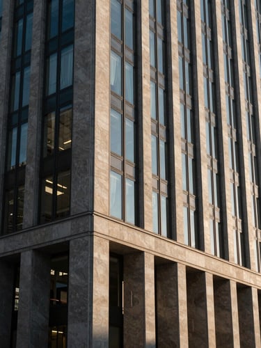 Editorial financial photography of a modern high-end office building in Geneva, clean architectural lines of glass and stone, soft natural morning light, elegant shadows, 35mm