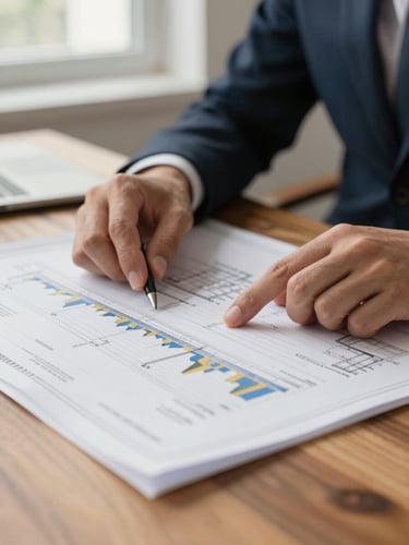 Close-up of hands reviewing financial charts and architectural blueprints on a solid oak table, soft side light, professional and quiet atmosphere, 35mm