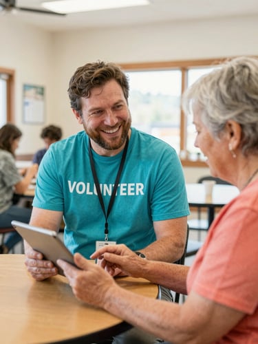 A candid medium shot of a friendly local volunteer smiling warmly while helping an older adult set up a tablet in a sunny Colorado community center, warm natural daylight.