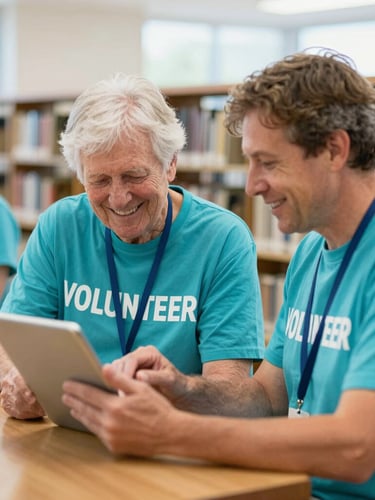 Warm editorial photography of a local volunteer helping a smiling senior use a tablet in a bright Colorado library, soft natural daylight, shallow depth of field, 35mm