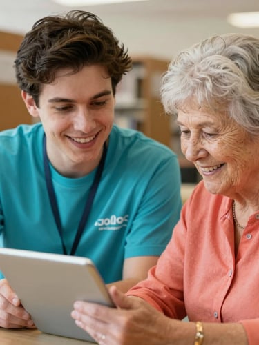 A warm close-up of a young volunteer patiently guiding an elderly woman on a tablet, both smiling in a bright Colorado public library