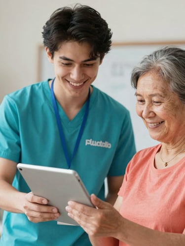 A warm portrait of a smiling young volunteer guiding an older woman as she happily uses a tablet, soft natural light, shallow depth of field.