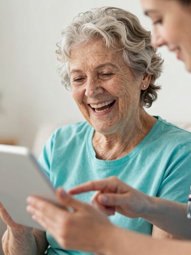 A close-up shot of an elderly woman laughing and holding a tablet, with a younger volunteer guiding her hand gently, soft focus, bright warm indoor lighting, joyful expression.