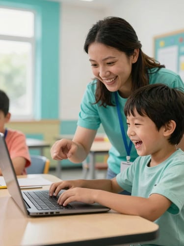 Bright community center room, a young child laughing while typing on a laptop, a warm local volunteer pointing to the screen with a smile, soft natural daylight, vibrant turquoise accents.