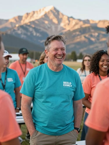 Candid medium shot of a diverse group of Colorado volunteers laughing together during an outdoor community technology workshop, backdrop of sunny Colorado mountain peaks, warm editorial photography