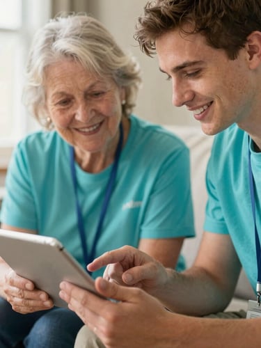 Warm close-up of a friendly young volunteer in a turquoise shirt sitting next to a smiling senior woman, patiently showing her how to use a tablet in a sunlit Colorado living room, soft depth of field.