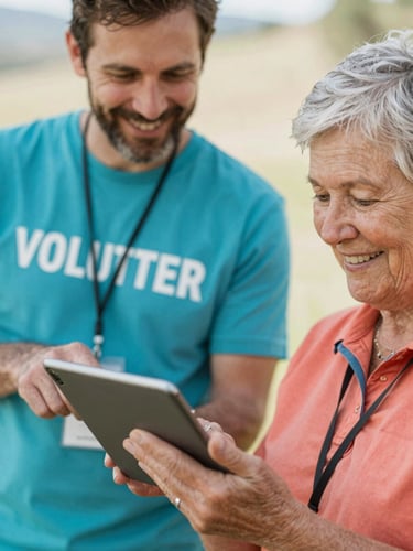 A warm, close-up photo of a friendly volunteer in Colorado guiding an older adult on a tablet, soft natural daylight, shallow depth of field, candid smiles.