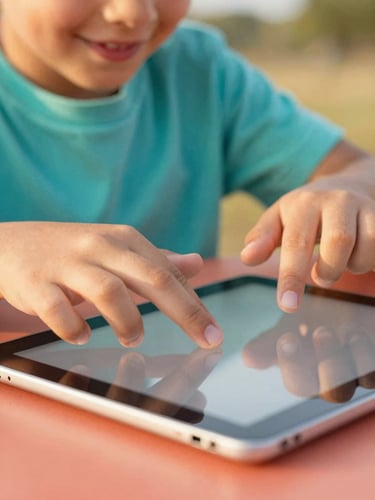 Close-up shot of hands guiding hands on a tablet screen, a child smiling, warm golden-hour light, shallow depth of field, vibrant coral accents.