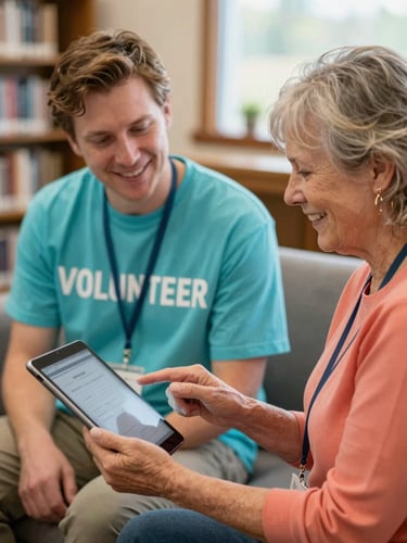Warm editorial photography of a local Colorado volunteer in a turquoise shirt sitting side-by-side with a smiling senior woman, guiding her hand on a tablet screen, soft natural daylight in a cozy community library setting, shallow depth of field