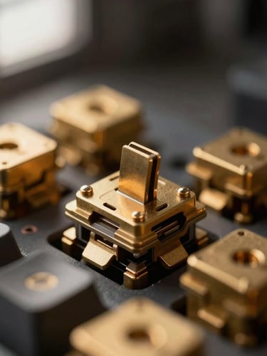 Macro close-up of a mechanical keyboard switch undergoing a mechanical pressure test, warm brass tones, technical laboratory environment, moody directional lighting, shallow depth of field