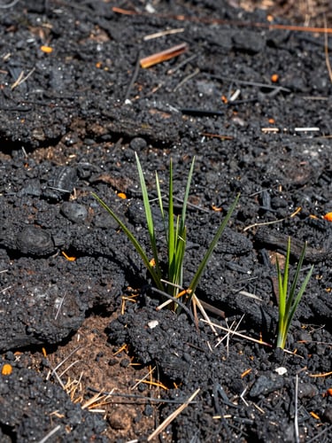 A close-up of early native green shoots emerging from dark charred soil in a Colorado burn scar, crisp natural mountain daylight