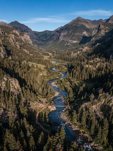 Overhead drone perspective of a rugged Colorado mountain river valley cutting through a pine forest, crisp morning light, high-contrast topography.