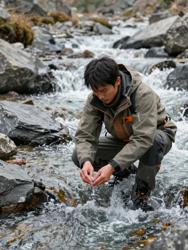 Field scientist in rugged gear collecting a water sample from a rushing high-altitude mountain stream, slate gray rocks, natural light