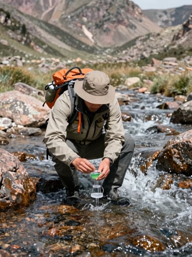 A field scientist in rugged gear collecting water quality samples from a rushing Colorado mountain stream, high-altitude daylight, desaturated earth tones.
