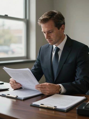 Medium shot of attorney Andy at his desk under natural window light, reviewing a car accident case folder with handwritten notes, overcast daylight from the left, no distractions in frame