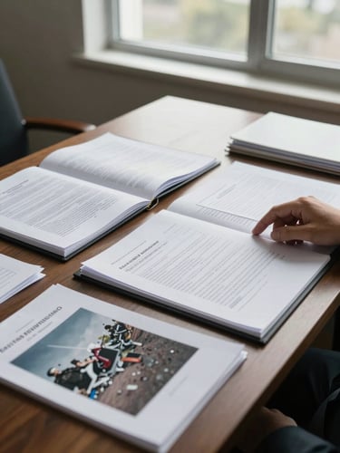 Wide documentary frame of an attorney's desk under natural window light, open case folders and intake forms spread across the surface, a hand resting on a legal document, accident damage photographs visible among the papers, no faces, overcast daylight, editorial stillness