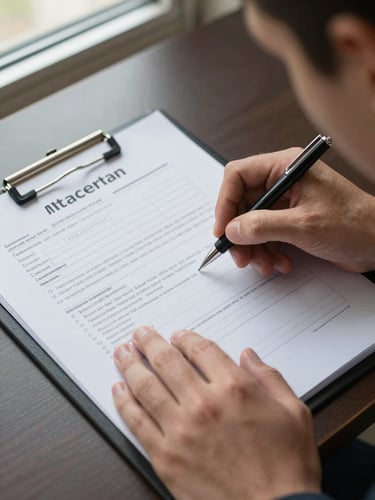 Close-up overhead view of a legal intake form being filled out by a hand holding a pen, open case folder beside it with printed accident report pages, natural daylight from a nearby window, desk surface visible, no faces
